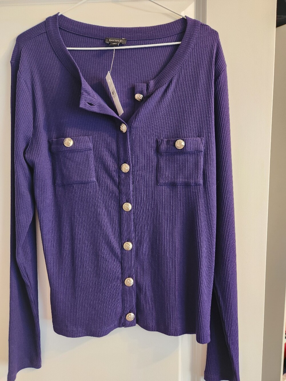 Ann Taylor Deep Purple Ribbed Button-Front Cardigan L